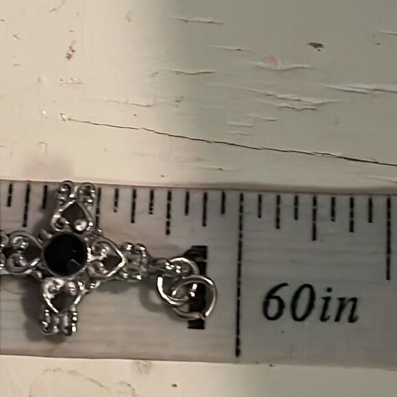 1” silver tone cross w/black onyx colored bead charm/pendant w/jump hoop - Picture 8 of 9